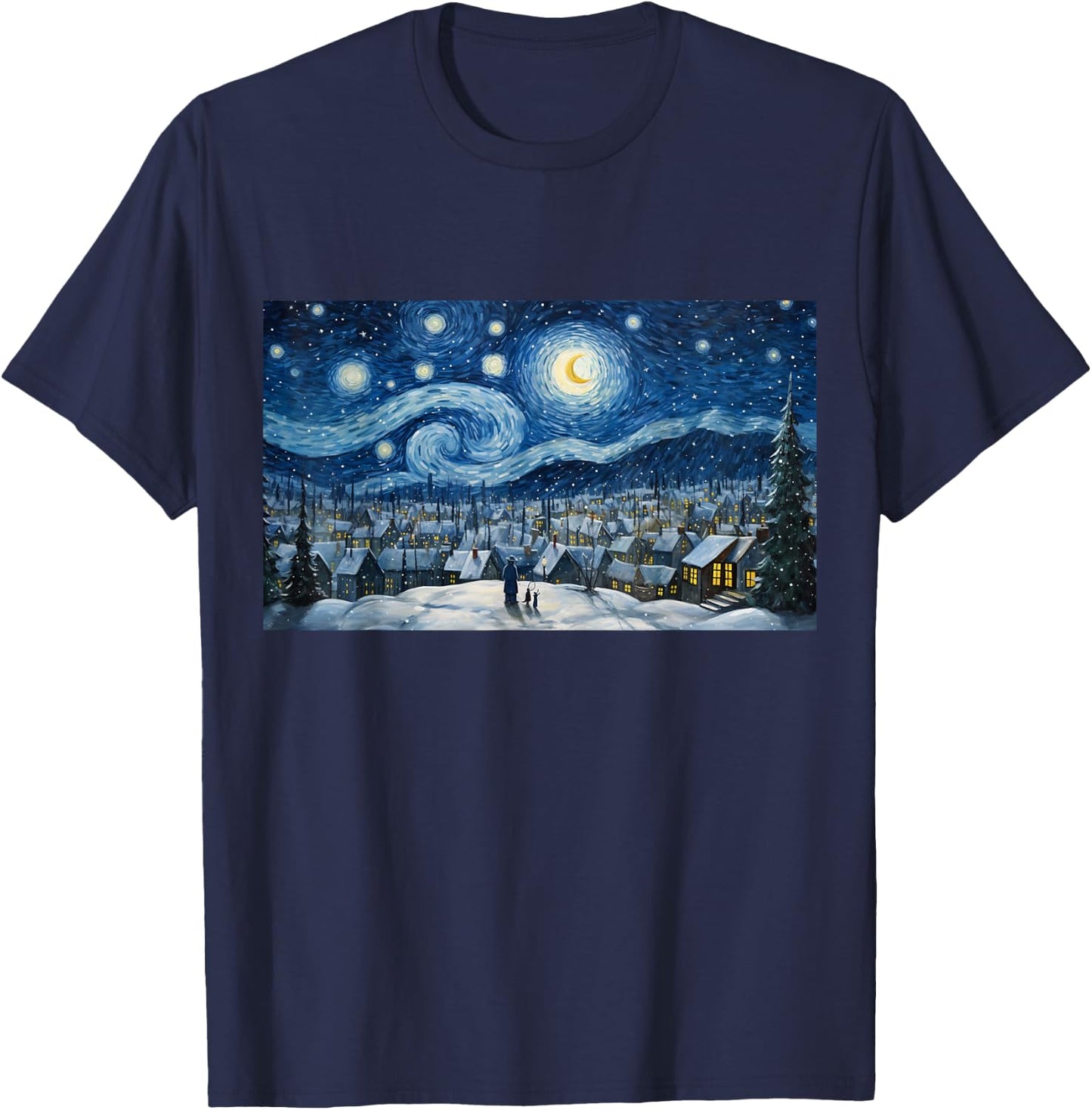 Snowy Winter Christmas Starry NIght Painting Art T-Shirt - T-Shirt | Navy