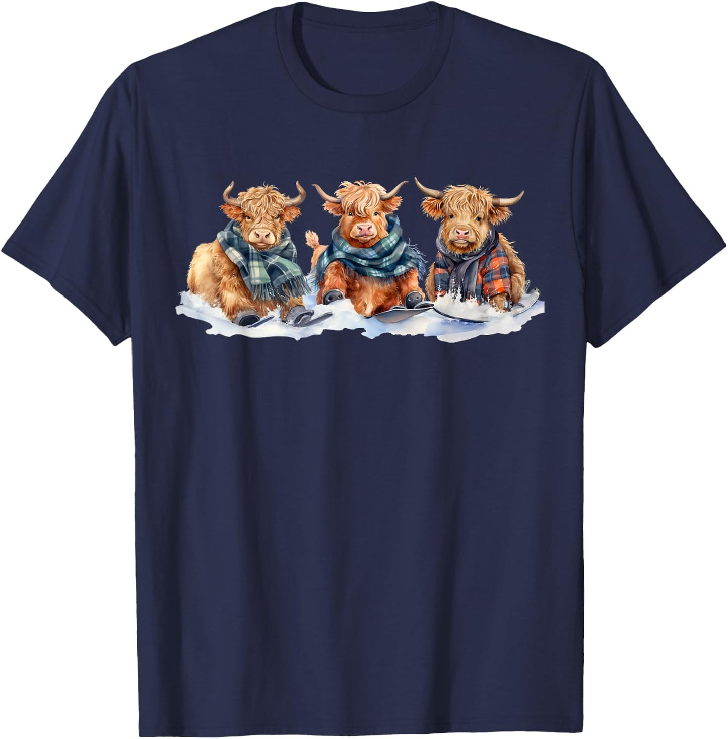 Cute Winter Highland Cows Plaid Scarf Skiing Snowshoe Snow T-Shirt - T-Shirt | Navy