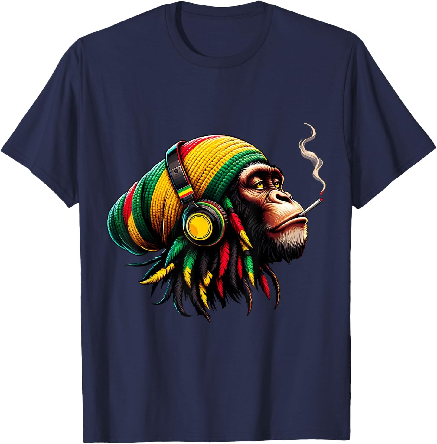 Jamaican Roots Reggae Chimpanzee Headphones Rastafari , Black, S T-Shirt - T-Shirt | Navy