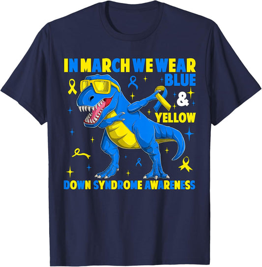 in March We Wear Yellow & Blue T-rex Dinosaur Down Syndrome T-Shirt - T-Shirt | Navy