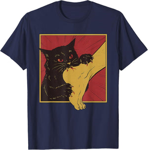 Japanese Horror Anime, Funny Vintage Cat Bite The Foot T-Shirt - T-Shirt | Navy