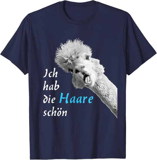 Ich hab die Haare schön, funny, talking cute alpaca , black T-Shirt - T-Shirt | Navy
