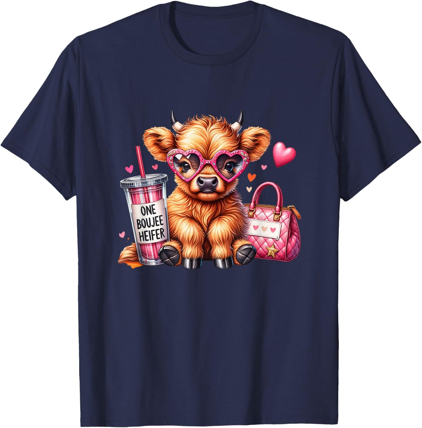 Adorable Highland Cow One Boujee Heifer T-Shirt - T-Shirt | Navy