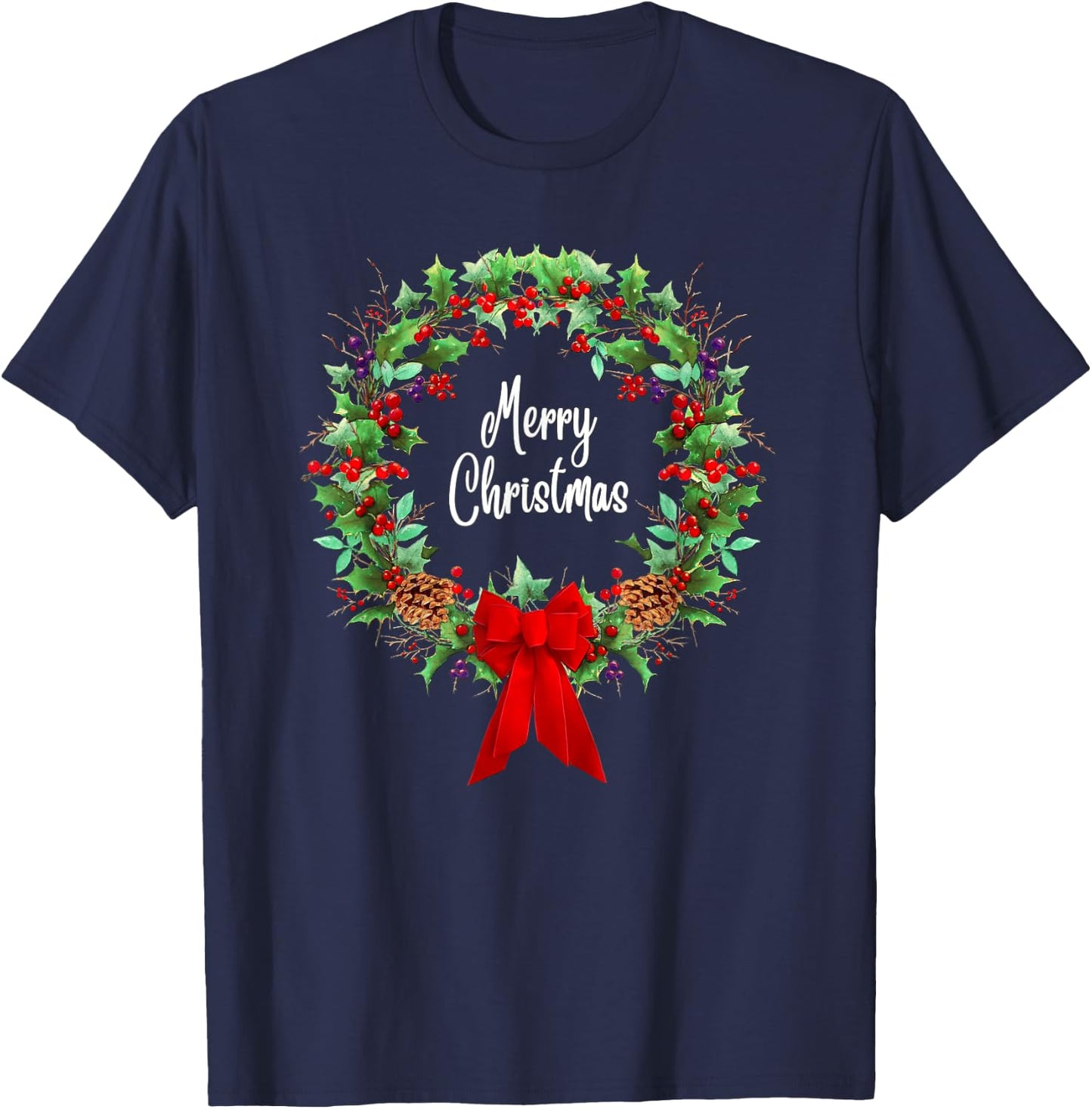Christmas Wreath, Holly, Berries, Merry Christmas Decoration T-Shirt - T-Shirt | Navy