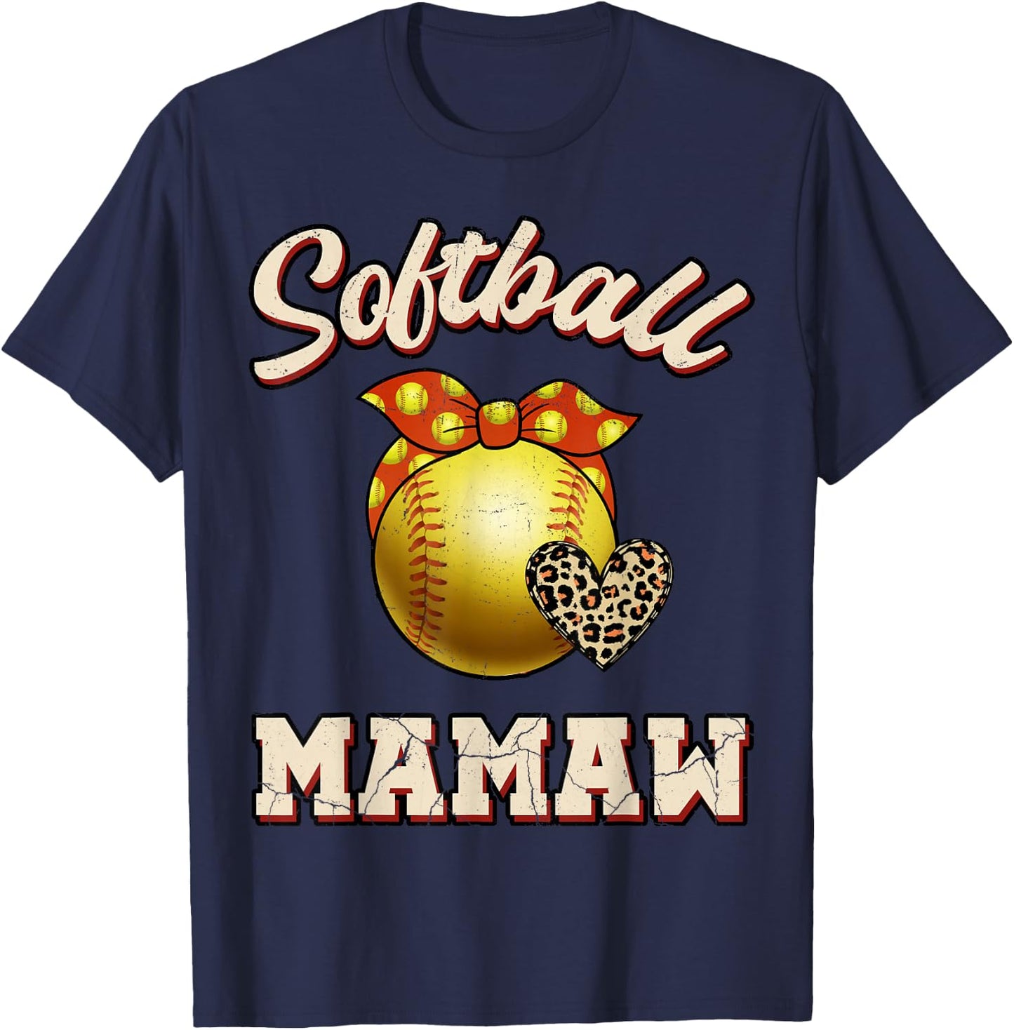 Softball Mamaw Leopard Heart Fans Mother's Day Gift T-Shirt - T-Shirt | Navy