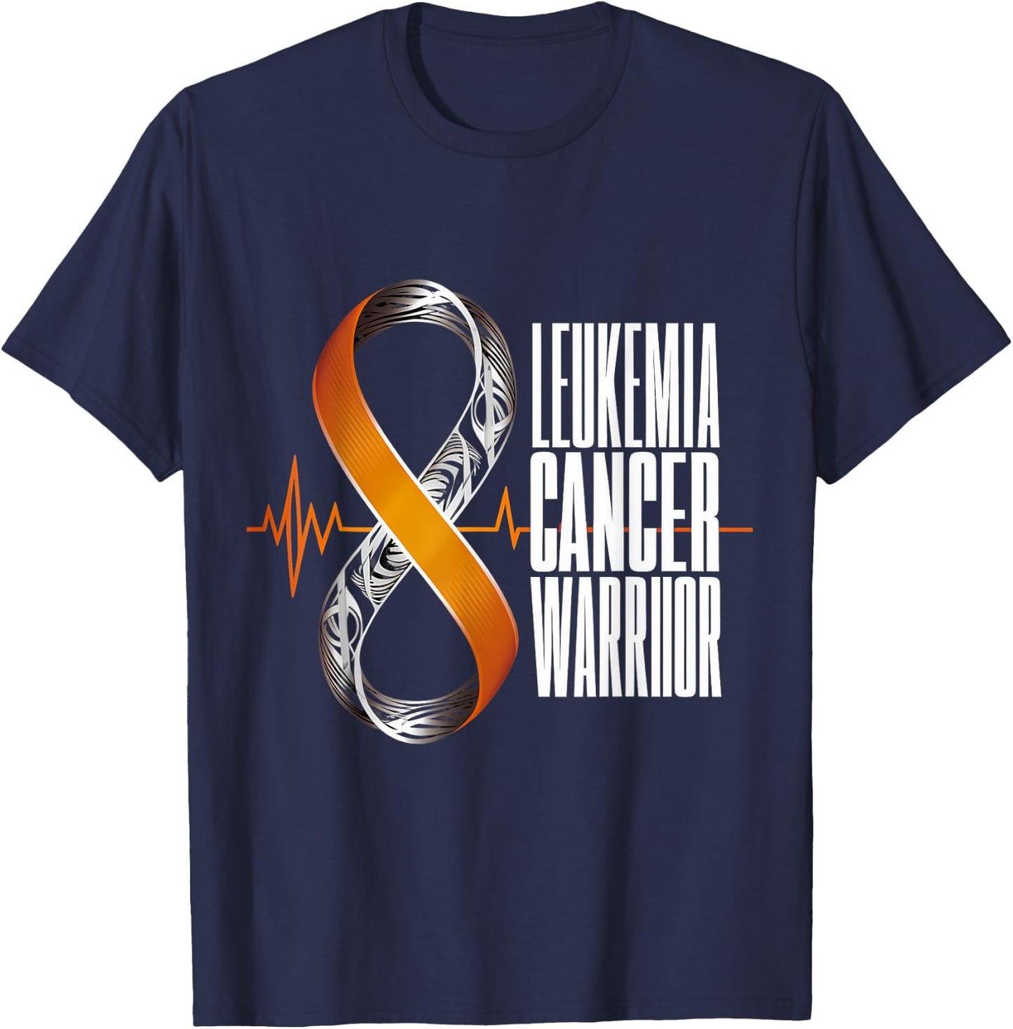 Leukemia Cancer Awareness Warrior Heartbeat Orange Ribbon T-Shirt - T-Shirt | Navy