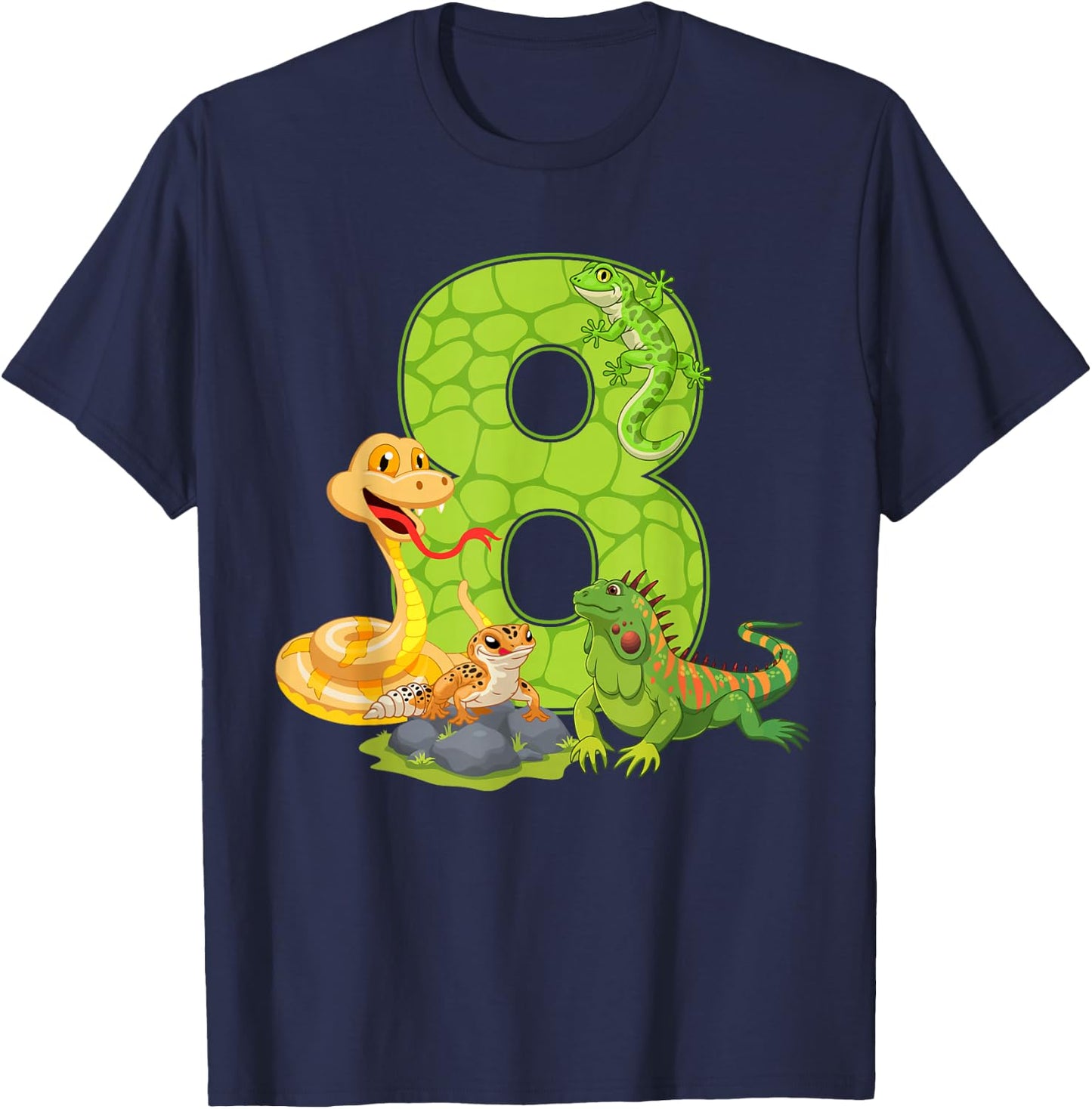 8th Birthday Snake Lizard Reptile 8 Year Old Birthday Party T-Shirt - T-Shirt | Navy