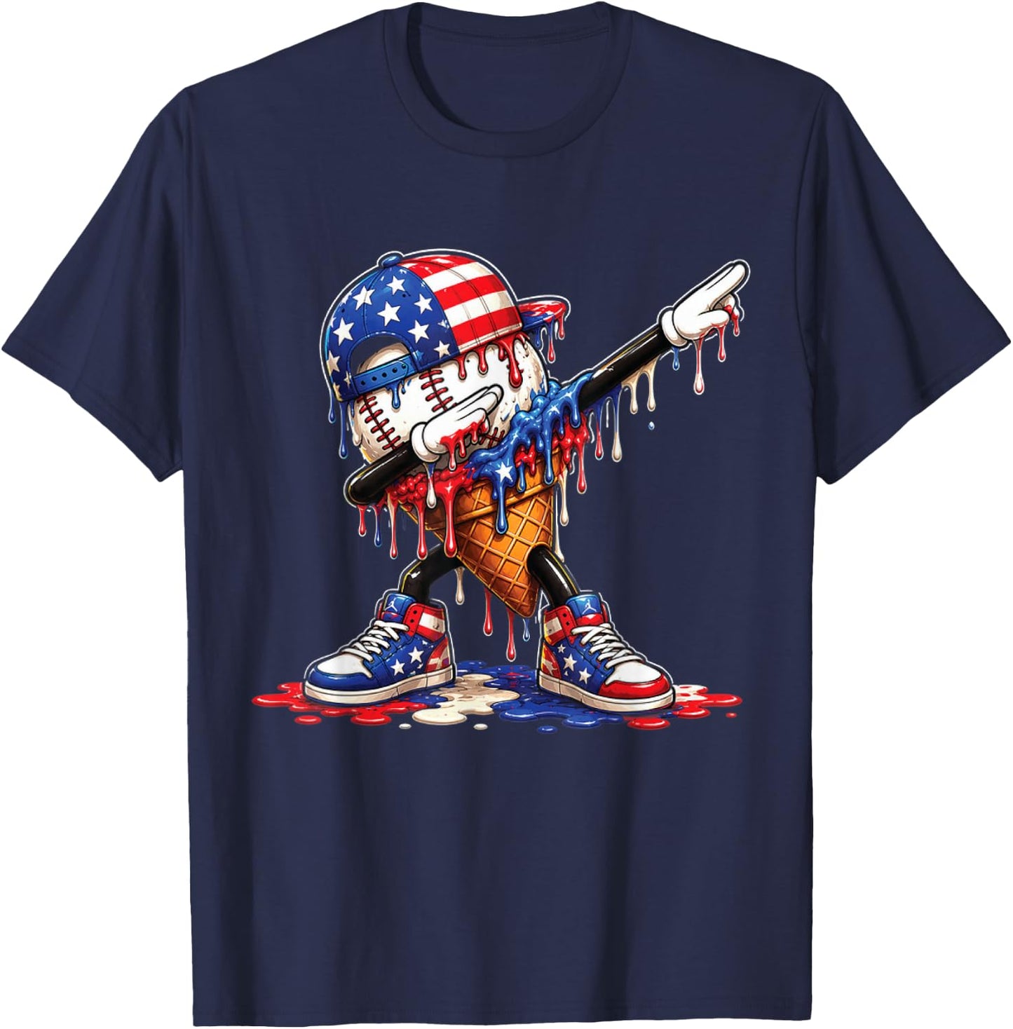 Baseball Drip Ice Cream Patriot American Flag 4th of July T-Shirt - T-Shirt | Navy