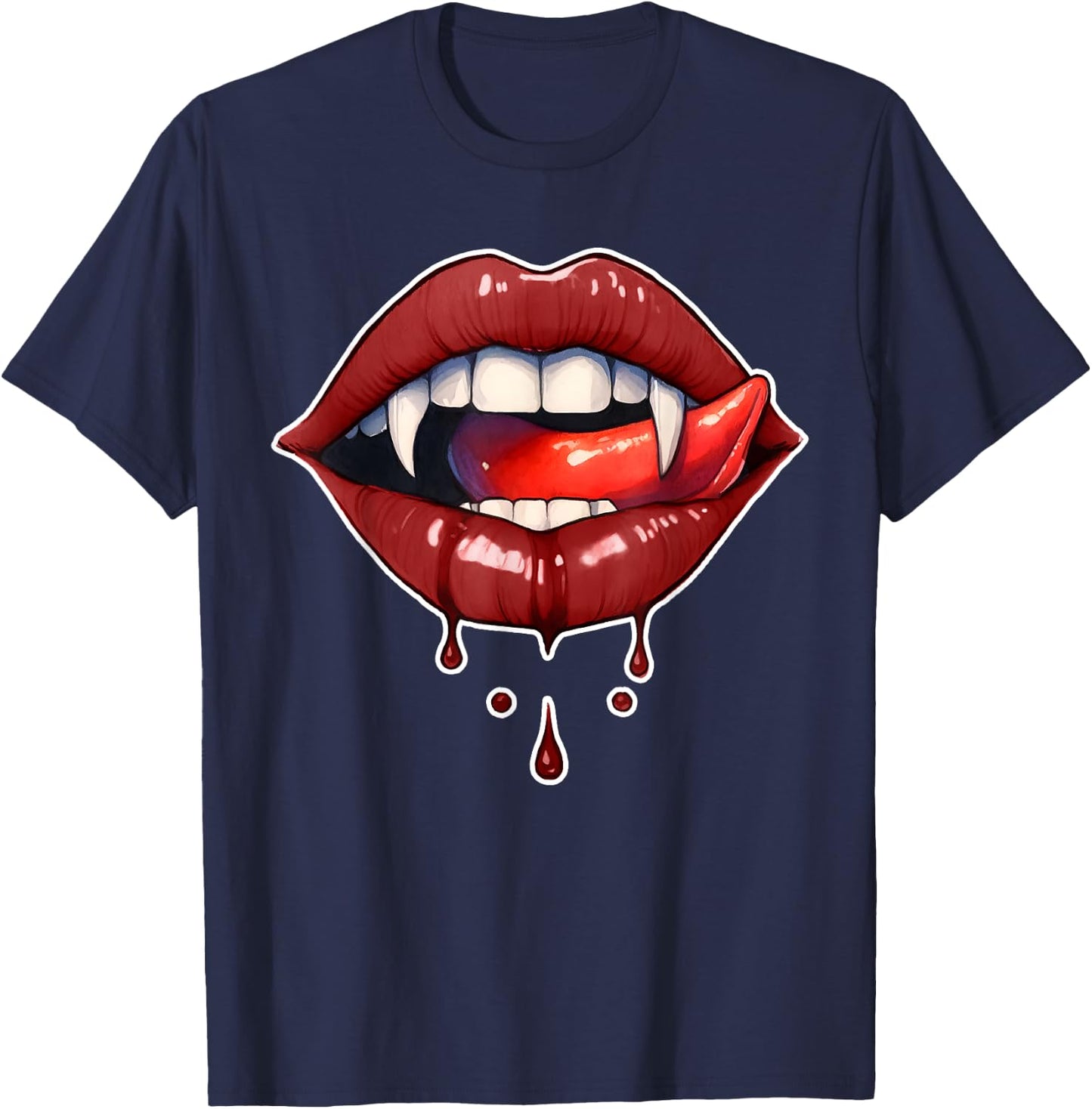 Halloween Horror Costume Bloody Teeth Vampire Fangs Red Lips T-Shirt - T-Shirt | Navy