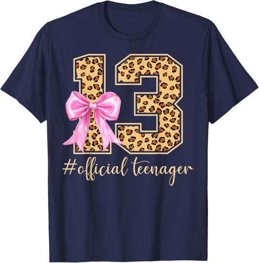 13th Birthday Leopard Bow Official Teenager 13 Year Old T-Shirt - T-Shirt | Navy