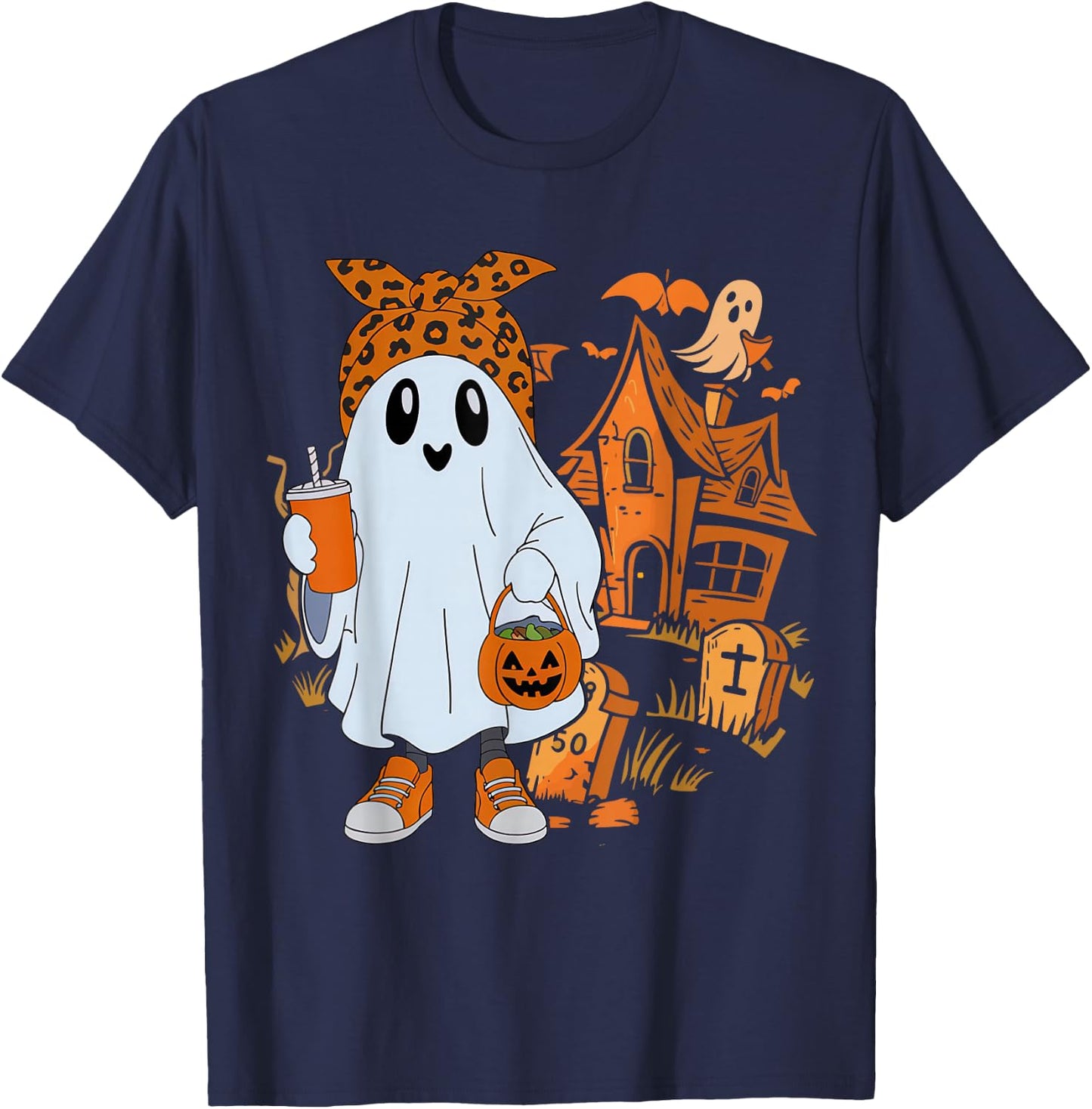 Cute Ghost Drinking Coffee Halloween Ghost Leopard Ice Coffe T-Shirt - T-Shirt | Navy