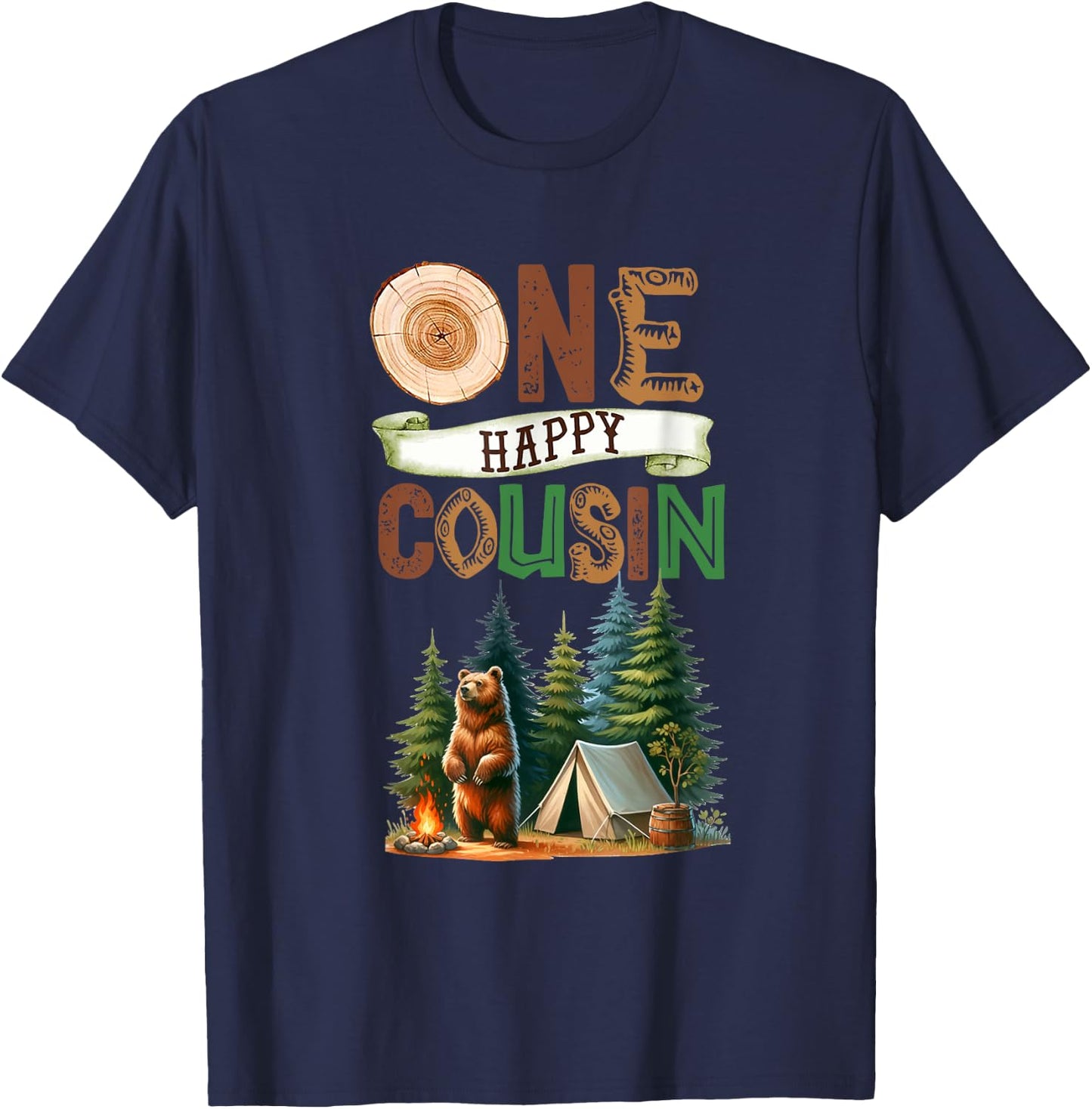 One Happy Cousin Camper First Birthday Camping Bear Kids T-Shirt - T-Shirt | Navy