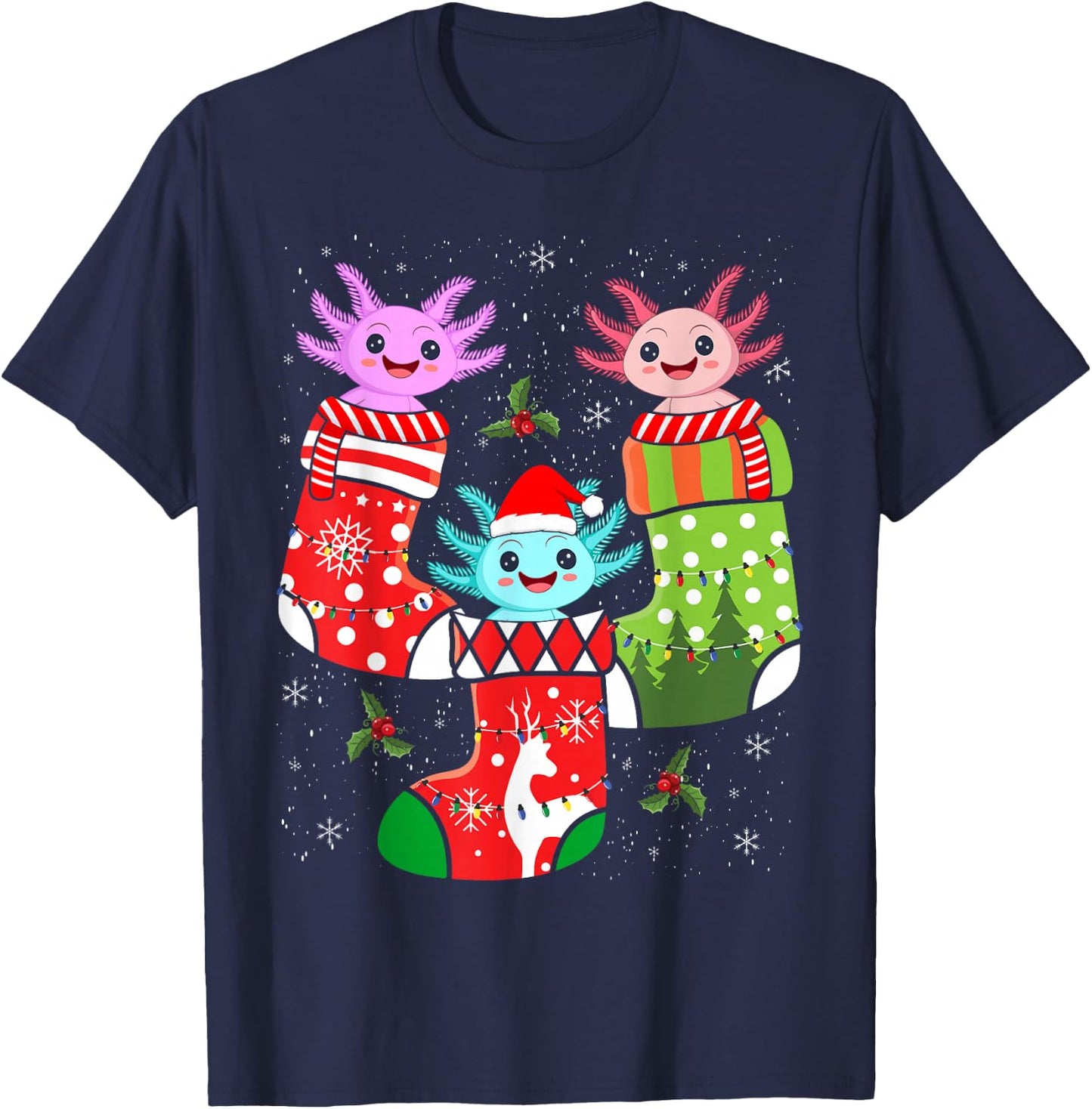 Kawaii Axolotl Christmas Stocking Kid Youth Teen Pajamas Pjs T-Shirt - T-Shirt | Navy