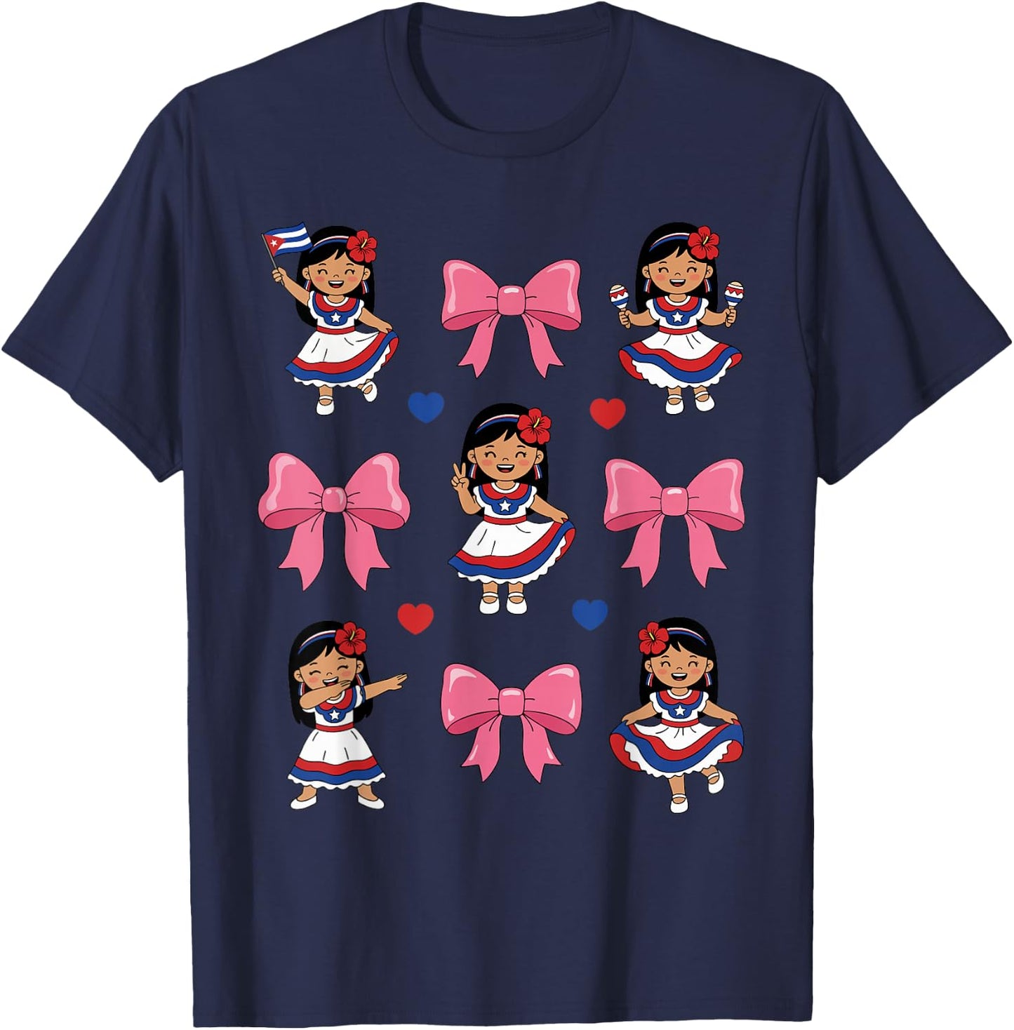Cute Cuban Girl Traditional Dress Bow Cuba Heritage Flag T-Shirt - T-Shirt | Navy