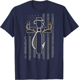 Faith Hunting Fishing - Christian Hunter Fisherman - ON BACK T-Shirt - T-Shirt | Navy