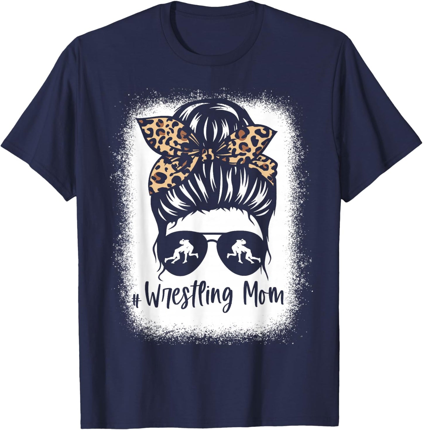 Wrestling Mom Messy Bun Leopard Wrestler Mama T-Shirt - T-Shirt | Navy