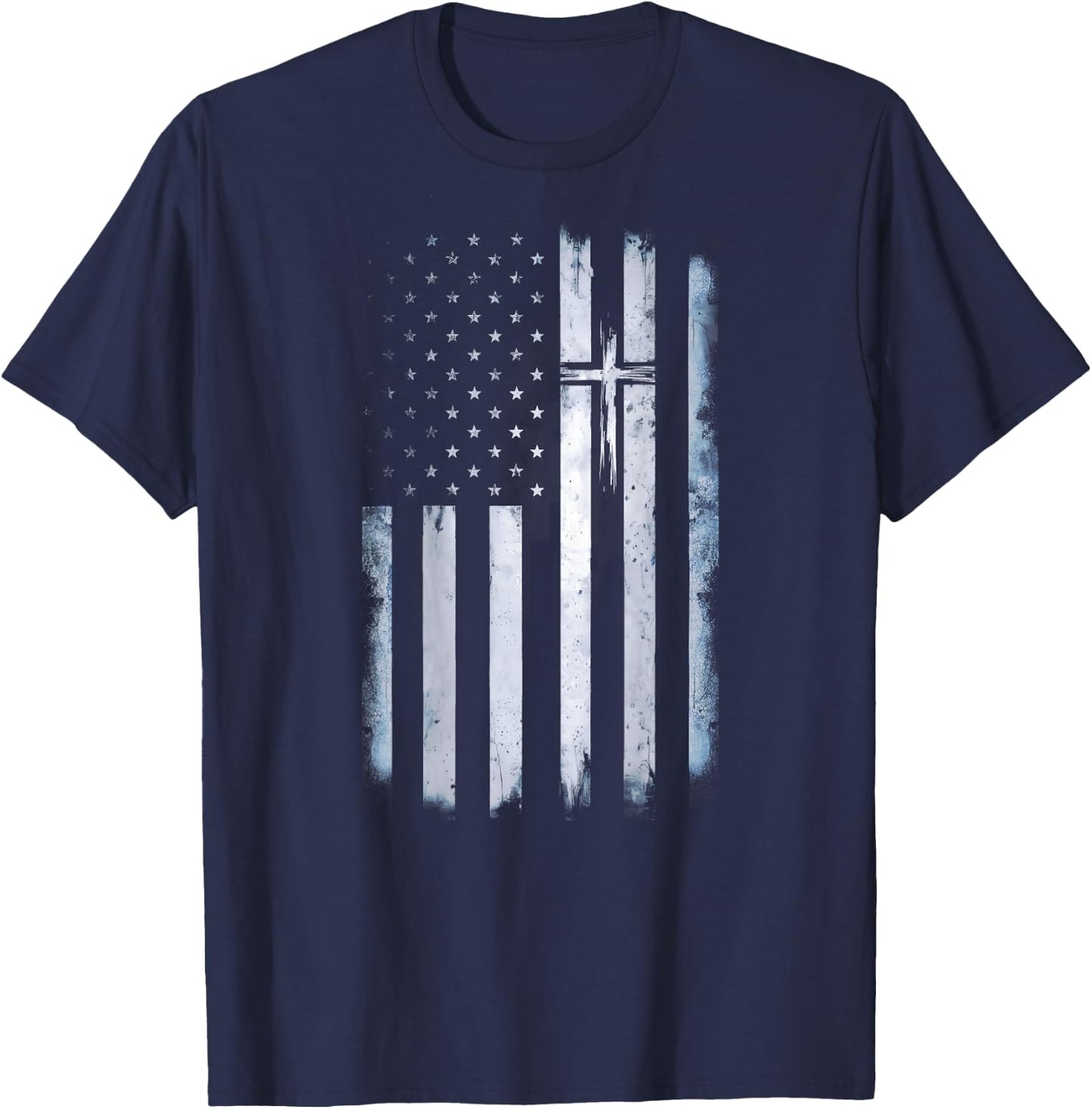 On Back American Flag Cross US Christian Patriotic T-Shirt - T-Shirt | Navy