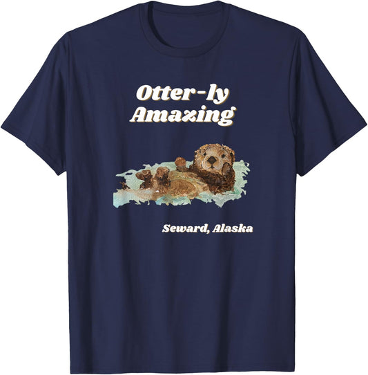 Otter-ly Amazing Seward, Alaska Playful Otter Graphic T-Shirt - T-Shirt | Navy