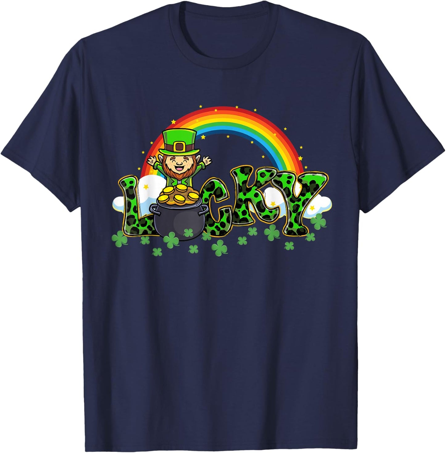 Lucky St Patricks Day Leprechaun Shamrock Leopard Clover T-Shirt - T-Shirt | Navy
