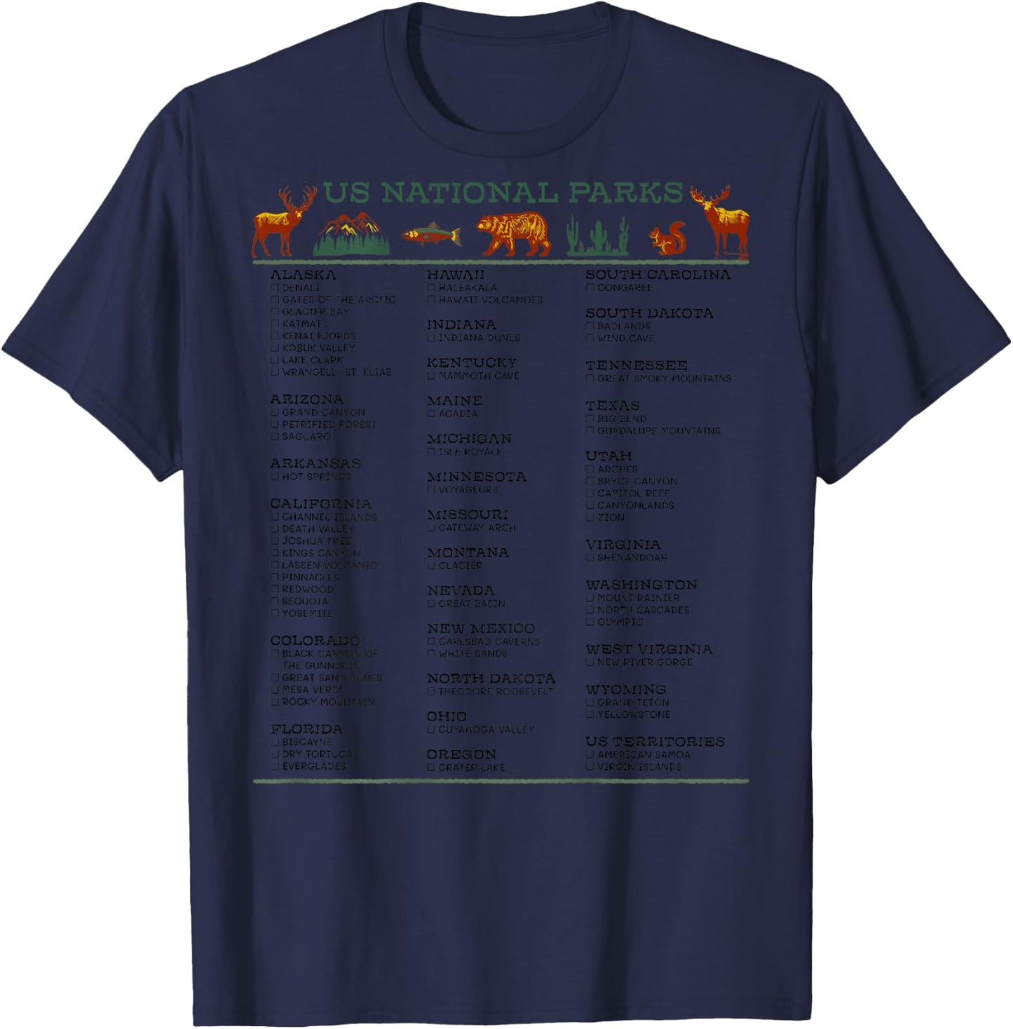 US National Parks Checklist List by State DESIGN ON BACK T-Shirt - T-Shirt | Navy