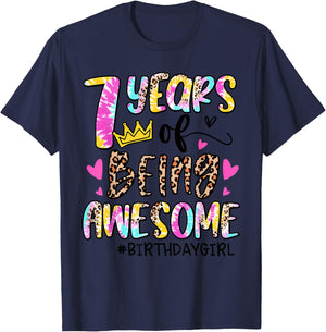 7 Years Old Birthday Party Girl Tie Dye Leopard 7th Seven T-Shirt - T-Shirt | Navy