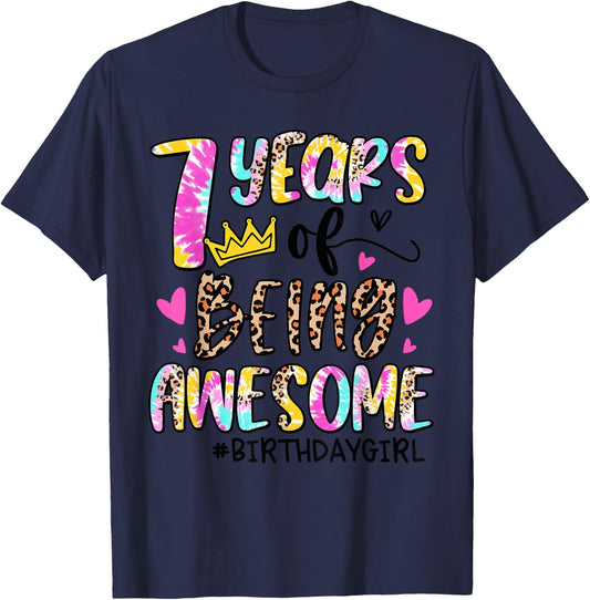 7 Years Old Birthday Party Girl Tie Dye Leopard 7th Seven T-Shirt - T-Shirt | Navy