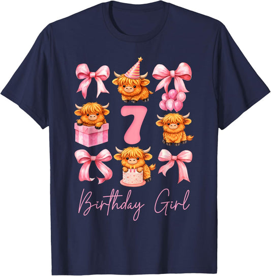 7 Year Old 7th Birthday Girl Cute Highland Cow Coquette Bow T-Shirt - T-Shirt | Navy