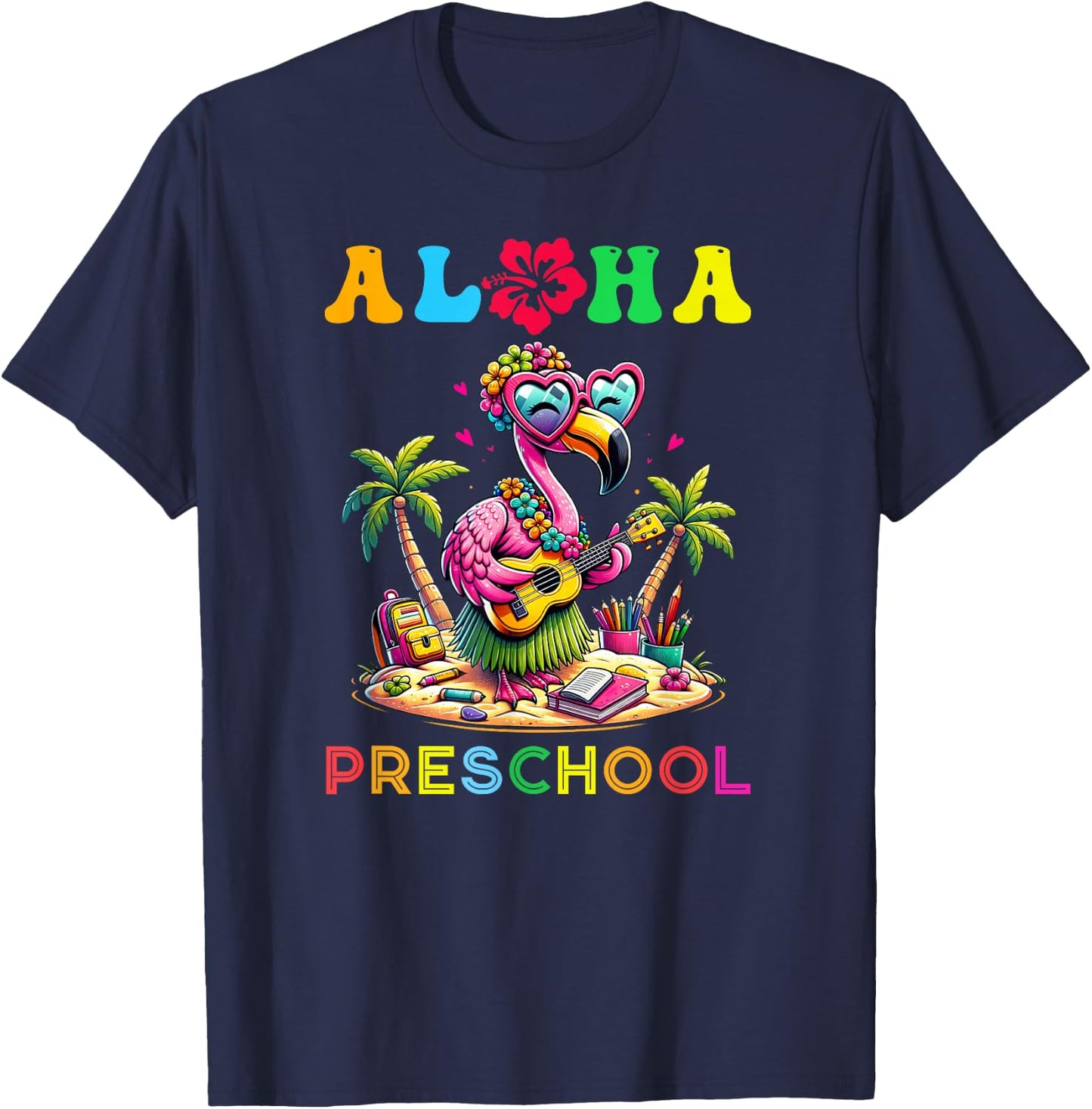Aloha Preschool Flamingo Hawaii Back to School Kids Girl T-Shirt - T-Shirt | Navy