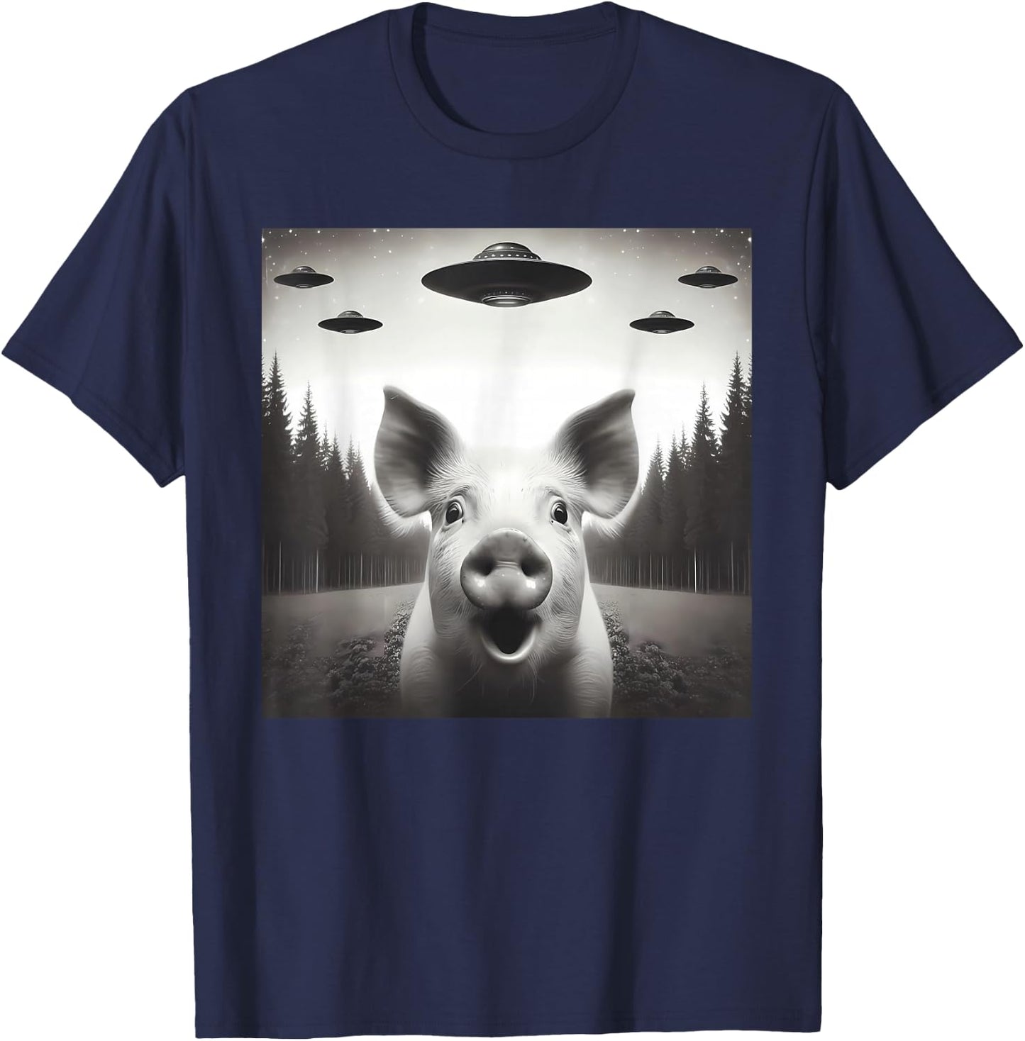 Funny Pig Selfie UFO Alien Humor Vintage Print Art Design T-Shirt - T-Shirt | Navy