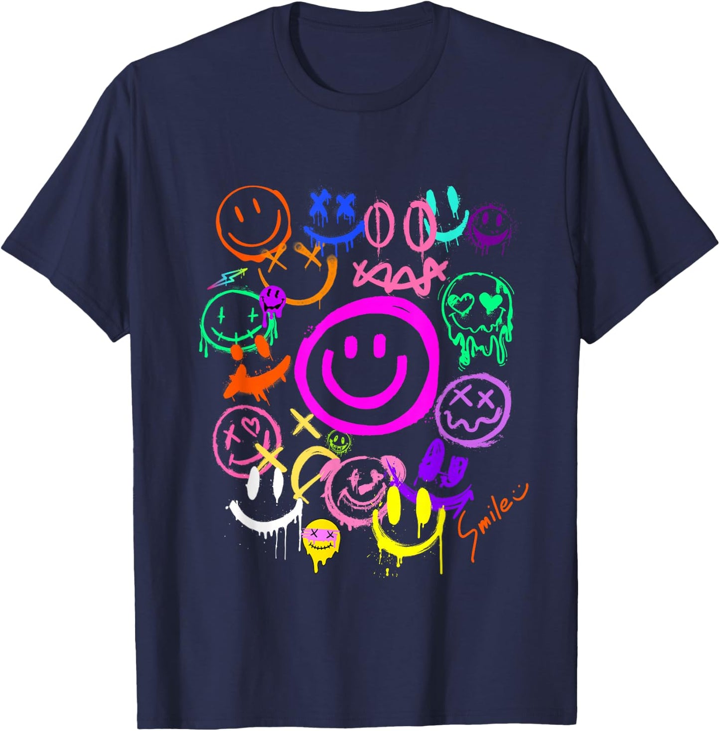 Smile Face Emoticons Fun Vivid Graffiti Smiley Face Graphic , black, S T-Shirt - T-Shirt | Navy