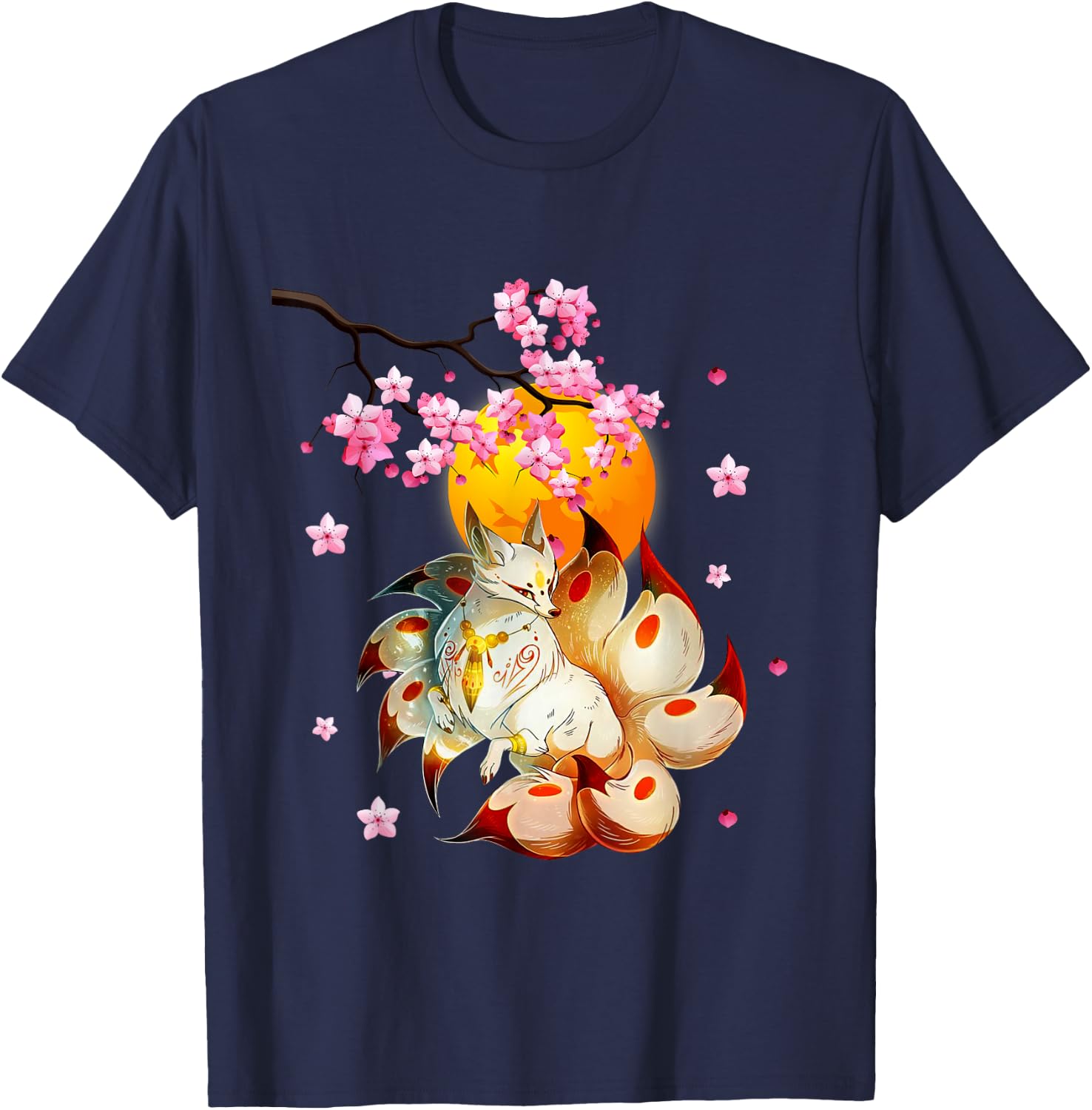 Kitsune-Fox Japanese Nine Tailed Fox-Cherry Blossom Flowers T-Shirt - T-Shirt | Navy
