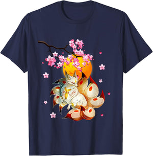 Kitsune-Fox Japanese Nine Tailed Fox-Cherry Blossom Flowers T-Shirt - T-Shirt | Navy