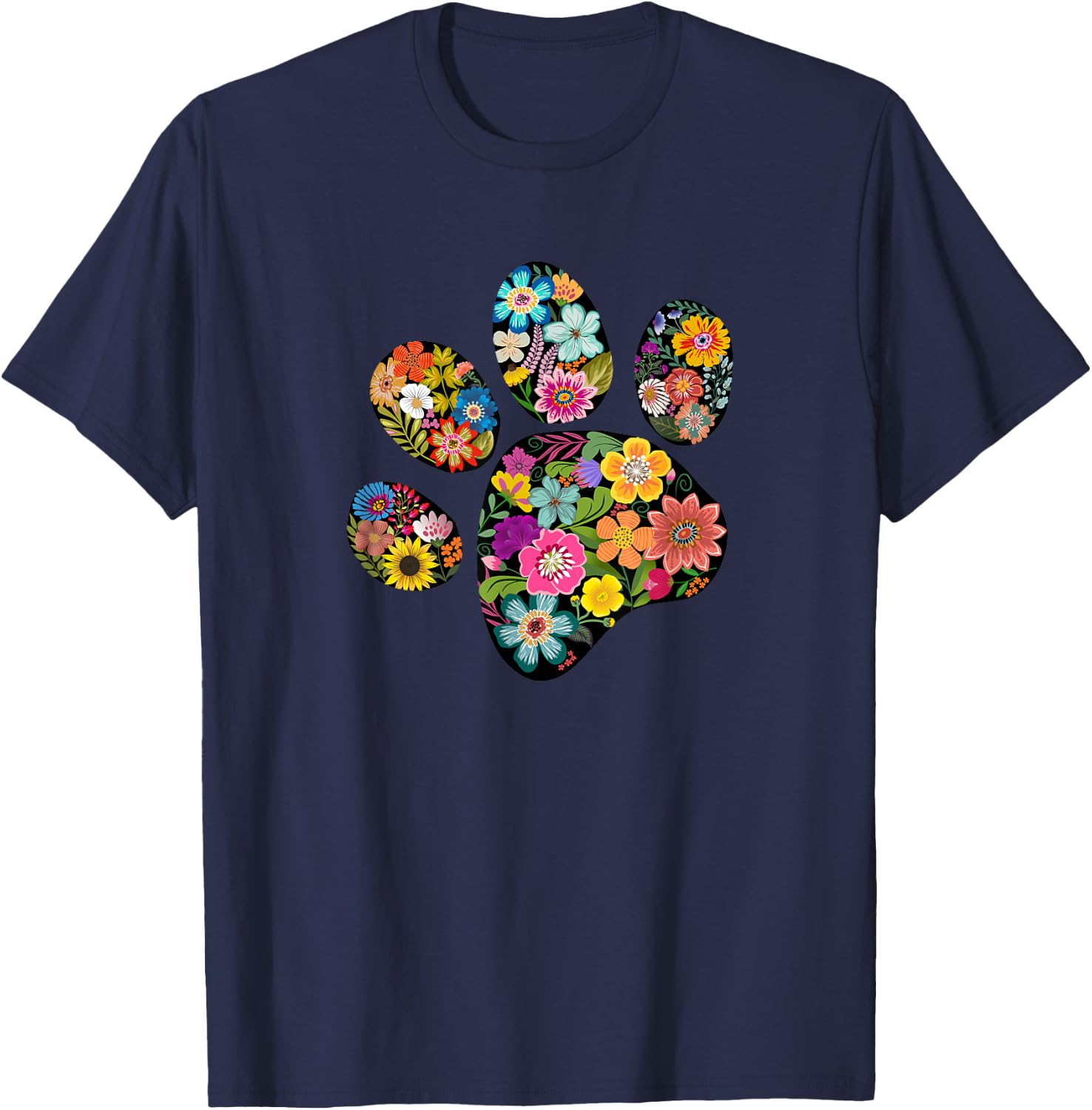 Floral Paw Print Animal Lover T-Shirt - T-Shirt | Navy