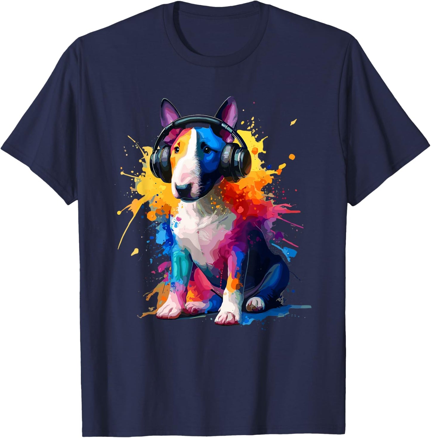 Splash Art Headphones Miniature Bull Terrier Mini Bull , Black, S T-Shirt - T-Shirt | Navy
