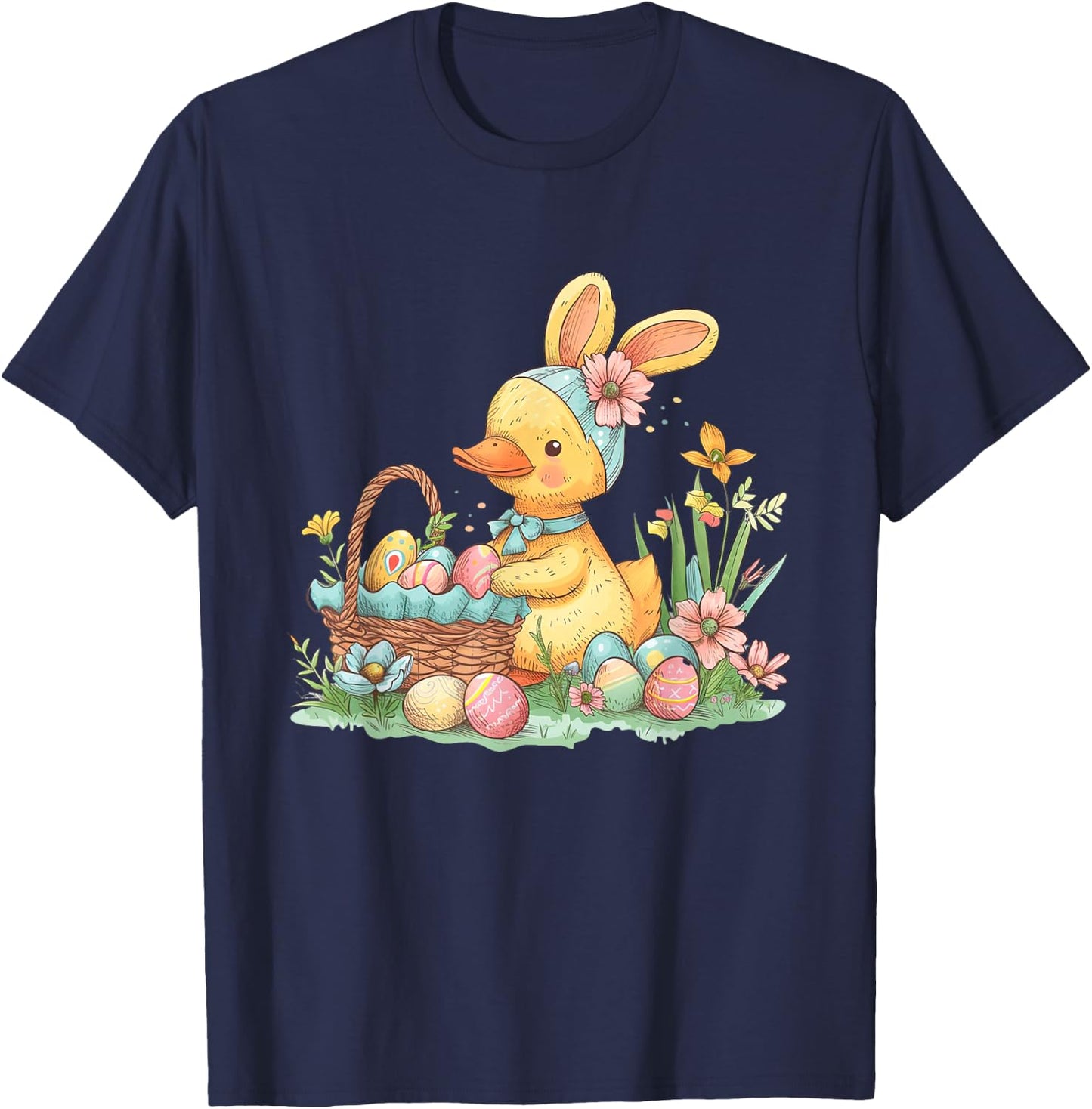 Easter Duck Easter Bunny Eggs Basket T-Shirt - T-Shirt | Navy