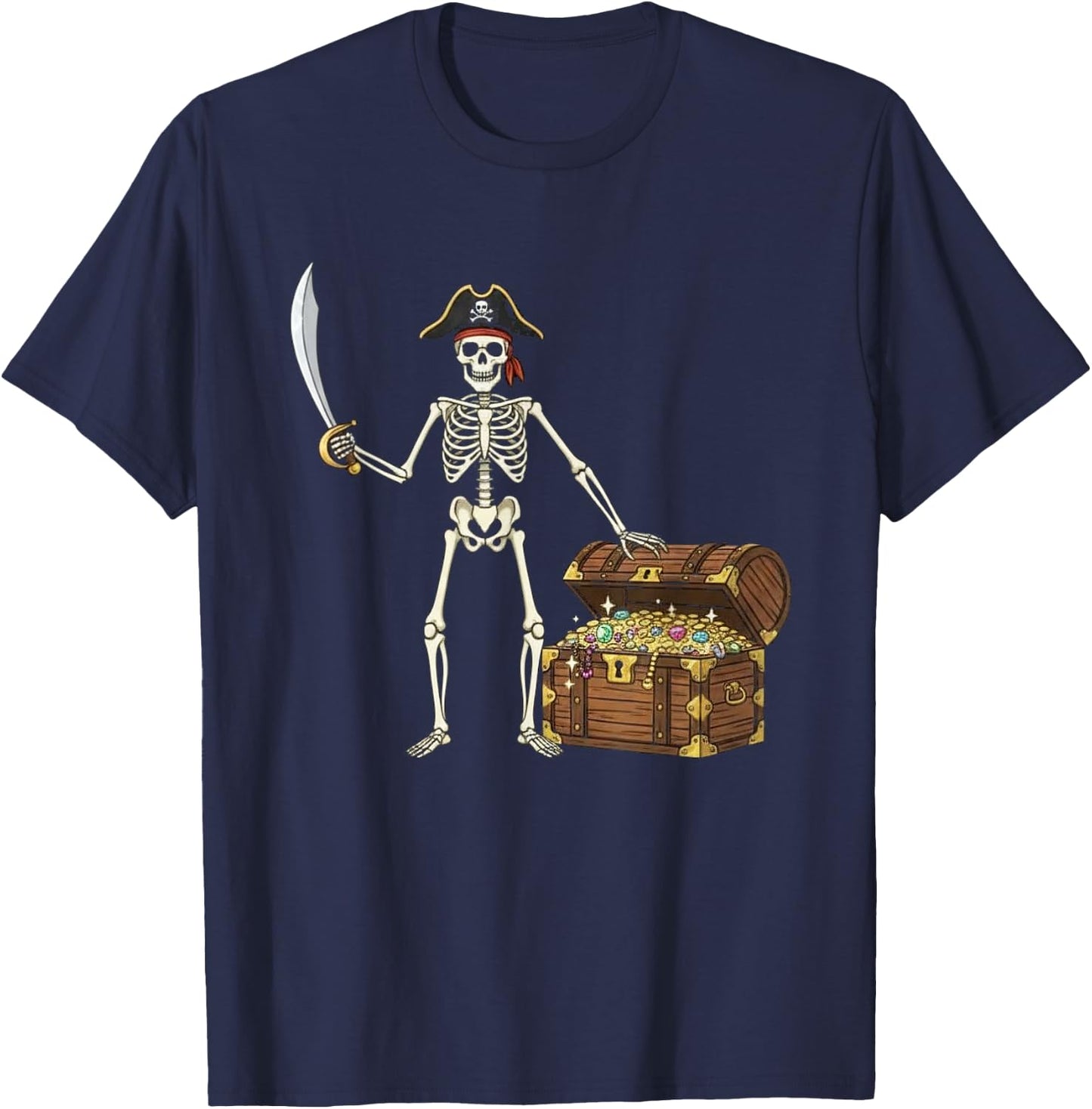 Pirate Skeleton Halloween Funny Men Boys Kids Treasure Chest T-Shirt - T-Shirt | Navy