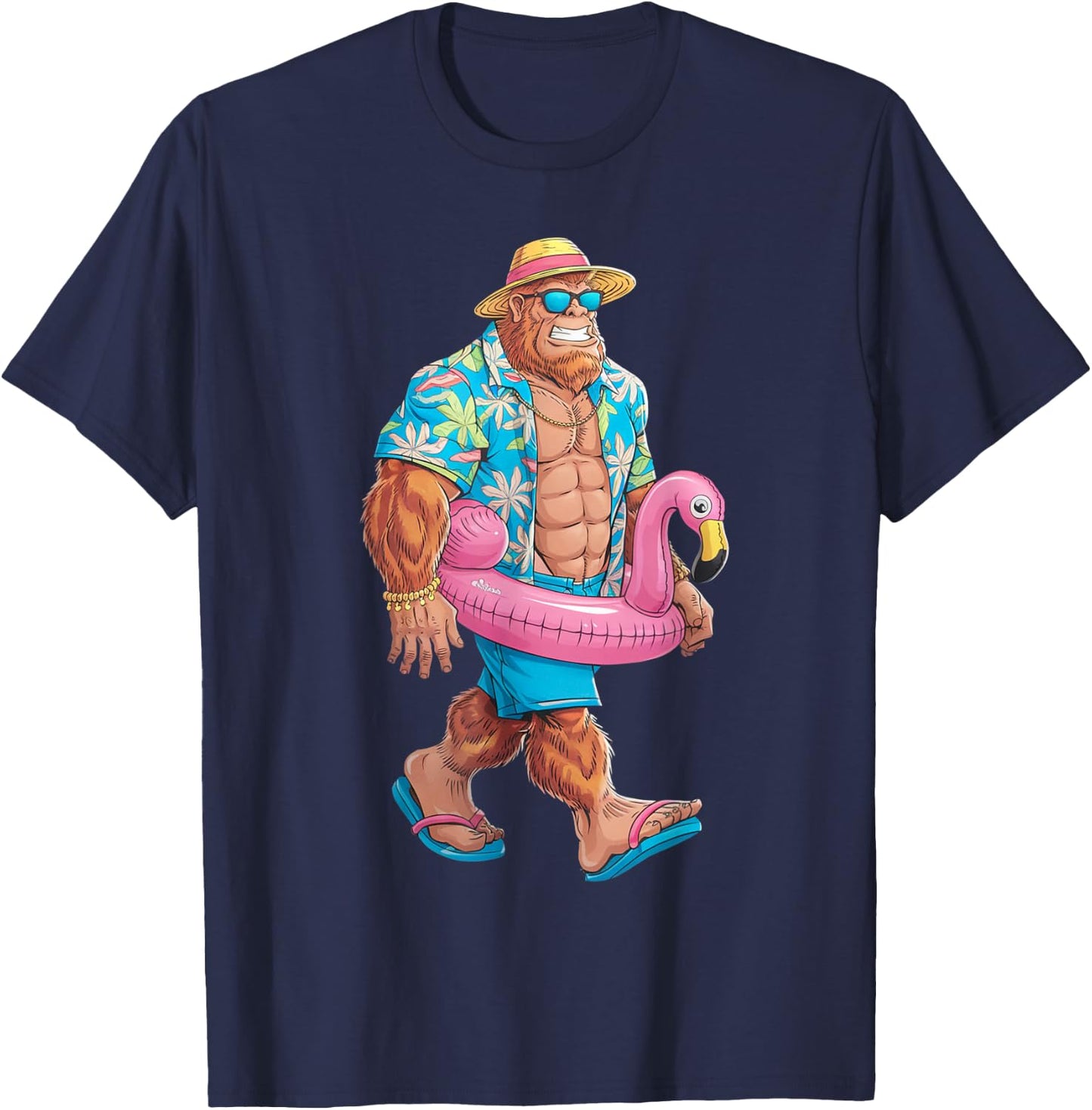 Hawaiian Bigfoot Sasquatch Pink Flamingo Pool Party Summer T-Shirt - T-Shirt | Navy