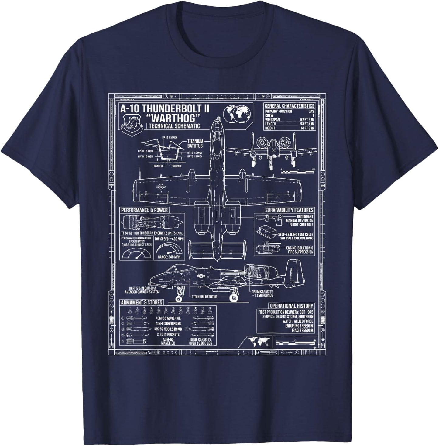 Detailed Blueprint Specs Military Jet A-10 Warthog T-Shirt - T-Shirt | Navy