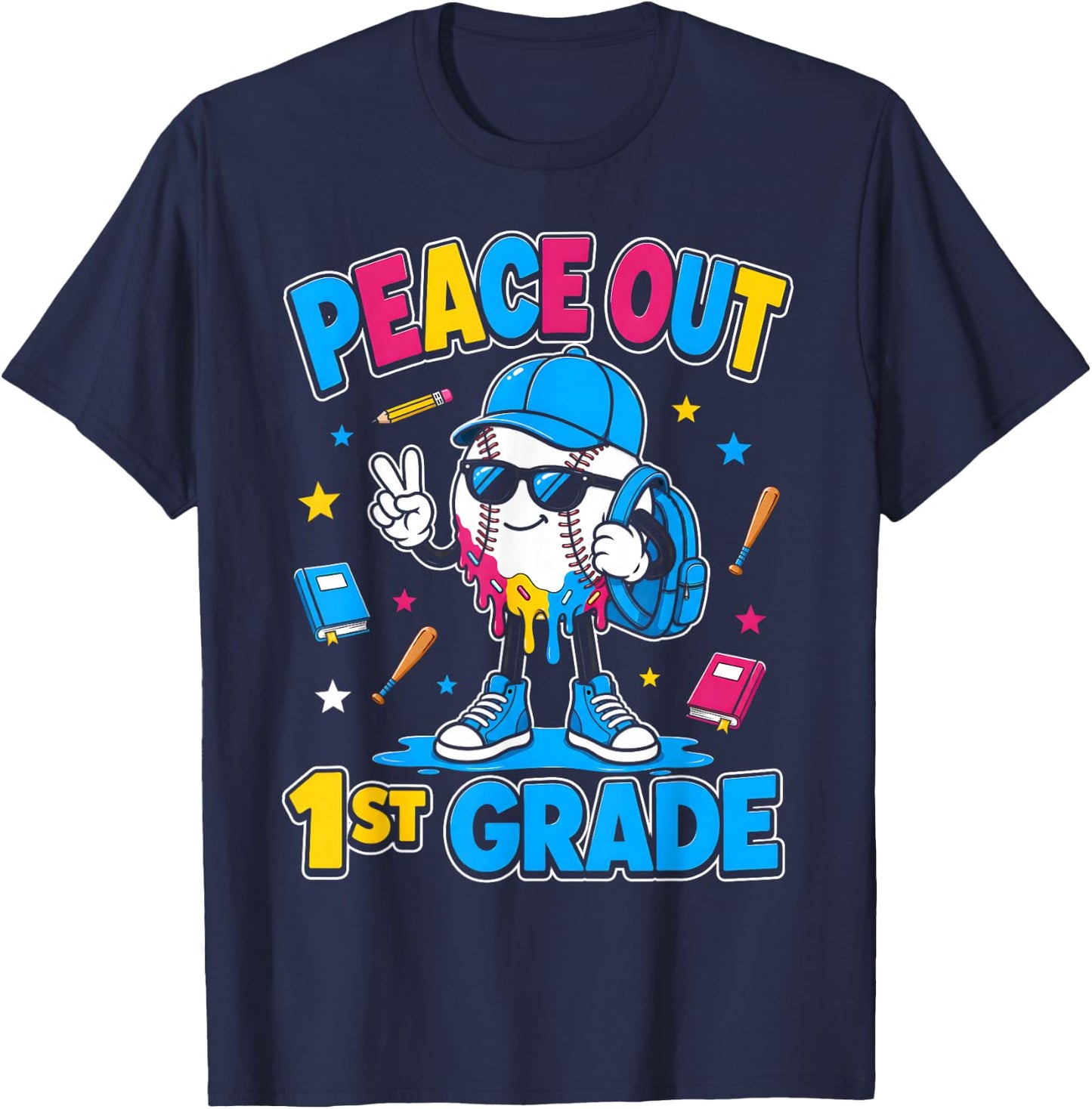 1st Grade Back to School Boys Baseball Ice Cream Drip T-Shirt - T-Shirt | Navy