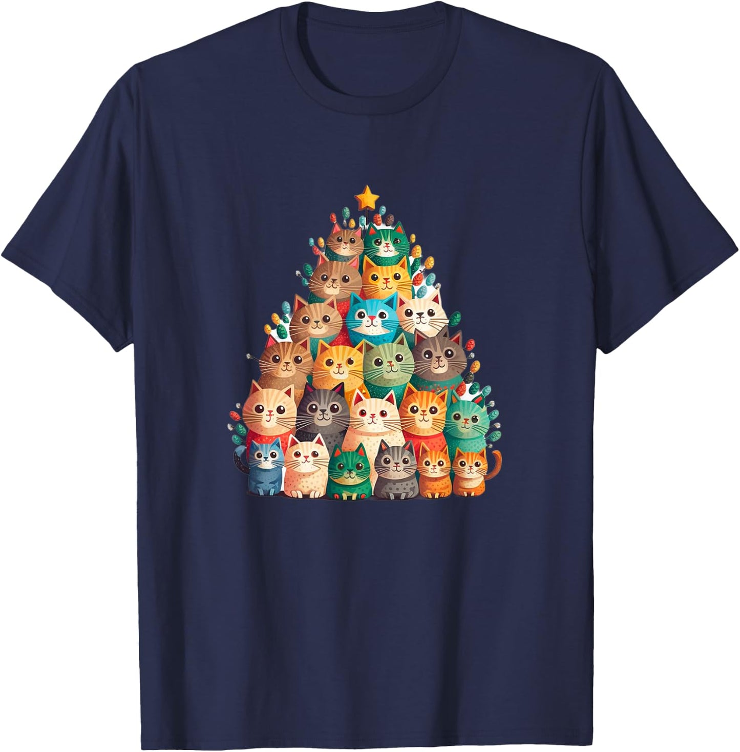 Cat Christmas Tree Funny Cats, Cute Kittens Christmas Tree T-Shirt - T-Shirt | Navy