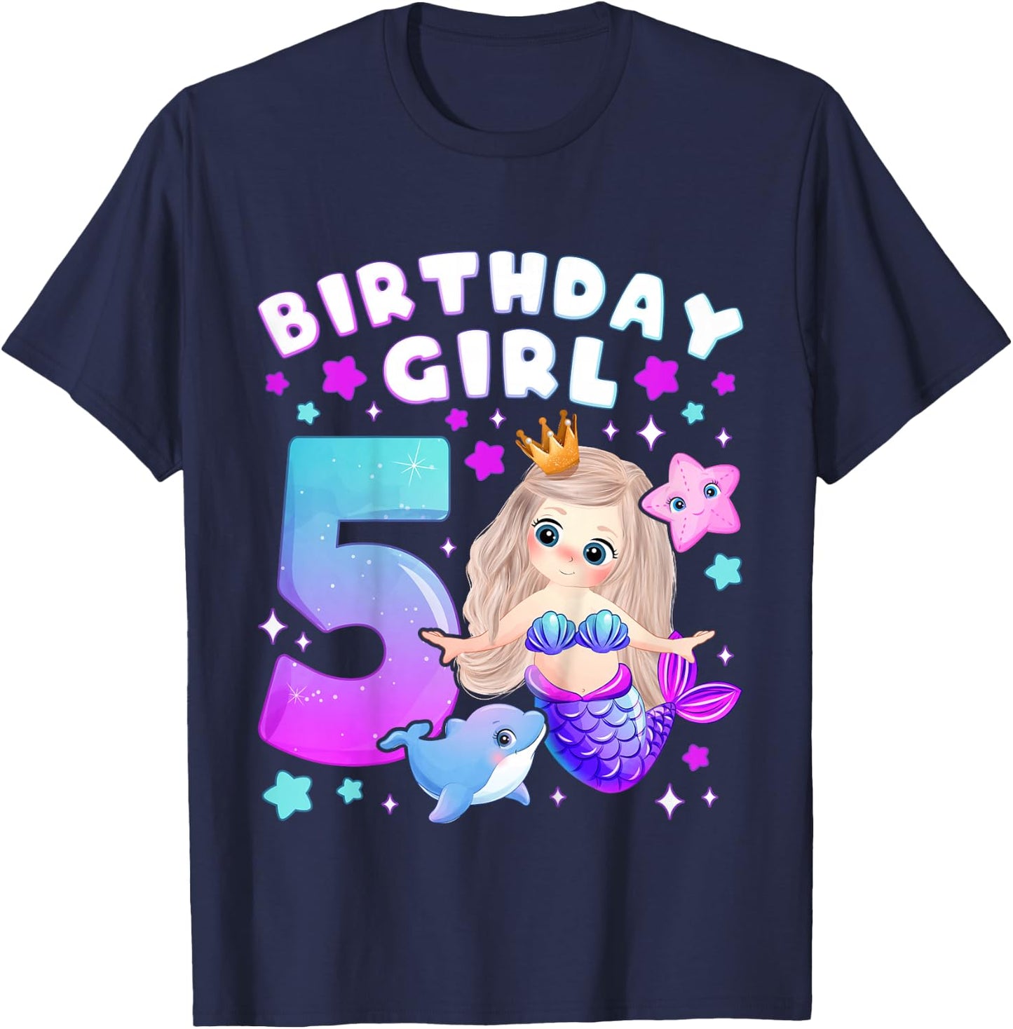 5th Birthday, Girl 5 Years, Mermaid, Number 5 T-Shirt - T-Shirt | Navy