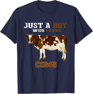 Kids Just A Boy Who Loves Cows Animal Farm T-Shirt - T-Shirt | Navy
