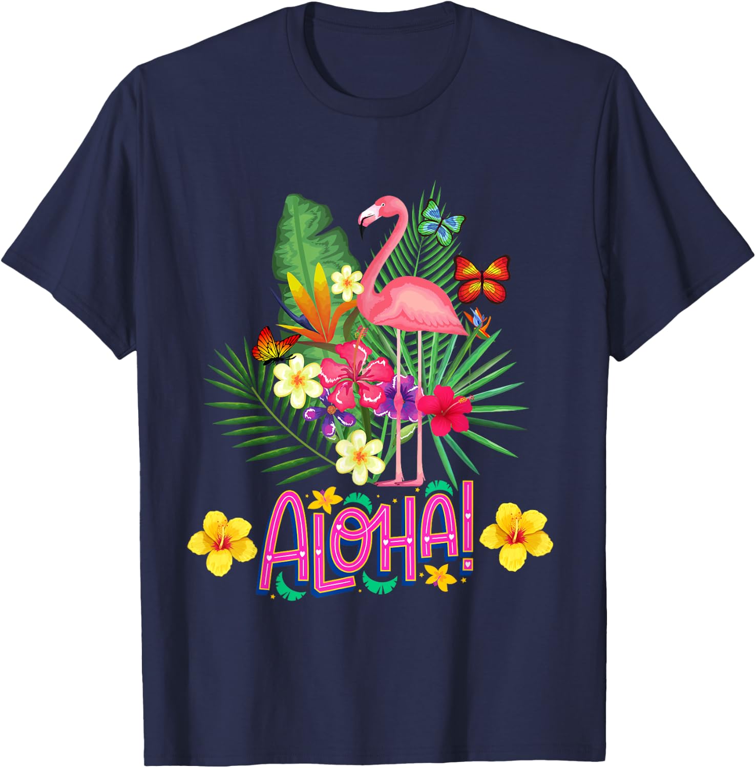 Aloha Flamingo Tropical Flowers and Butterflies , Black, S T-Shirt - T-Shirt | Navy
