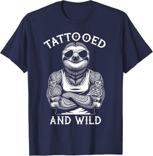 Tattooed And Wild Funny Inked Sloth Animal Tattoo Lover T-Shirt - T-Shirt | Navy