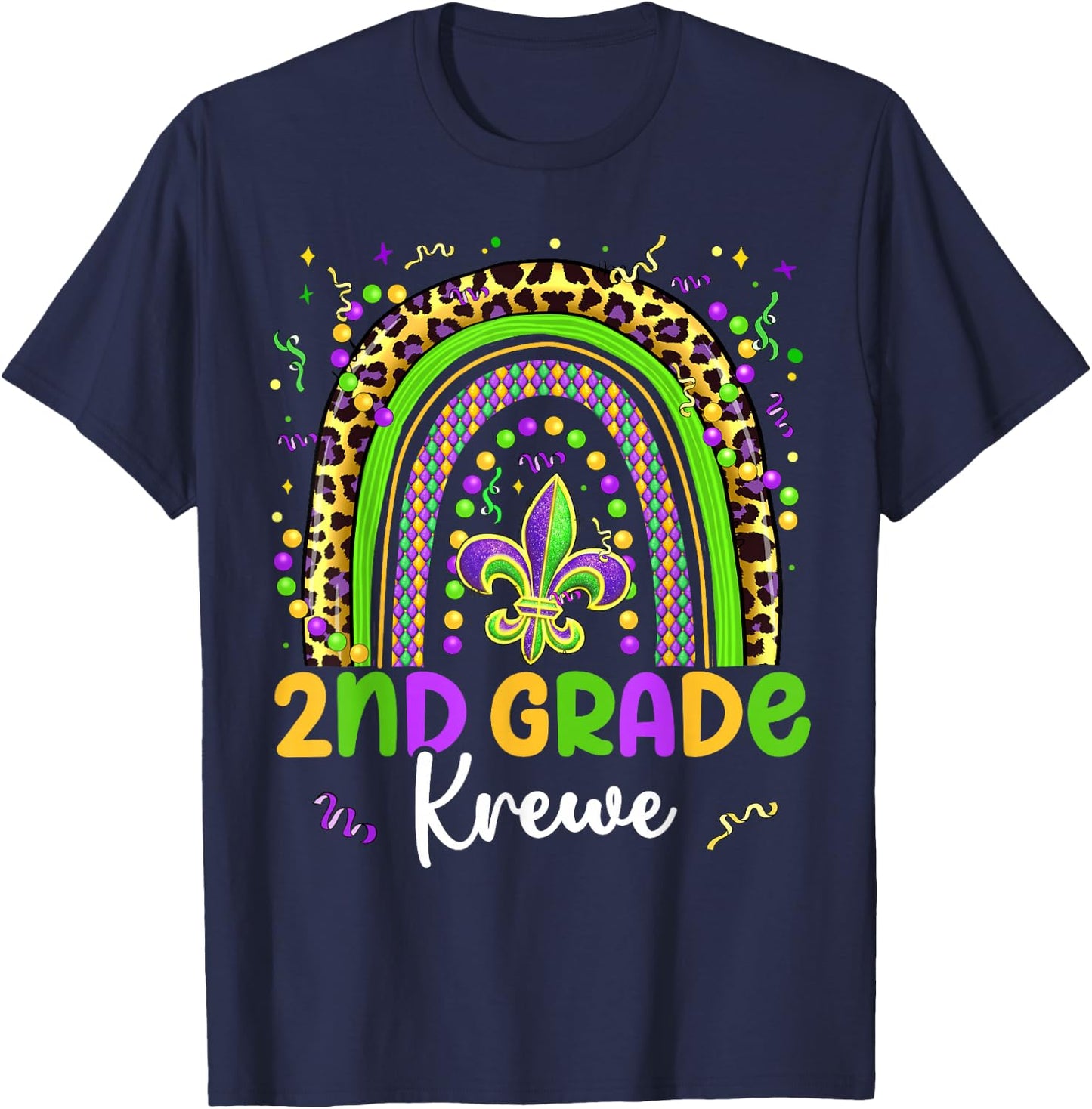 Mardi Gras 2nd Grade Krewe Rainbow Teacher Kids Carnival T-Shirt - T-Shirt | Navy