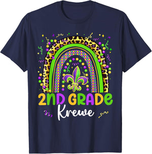 Mardi Gras 2nd Grade Krewe Rainbow Teacher Kids Carnival T-Shirt - T-Shirt | Navy