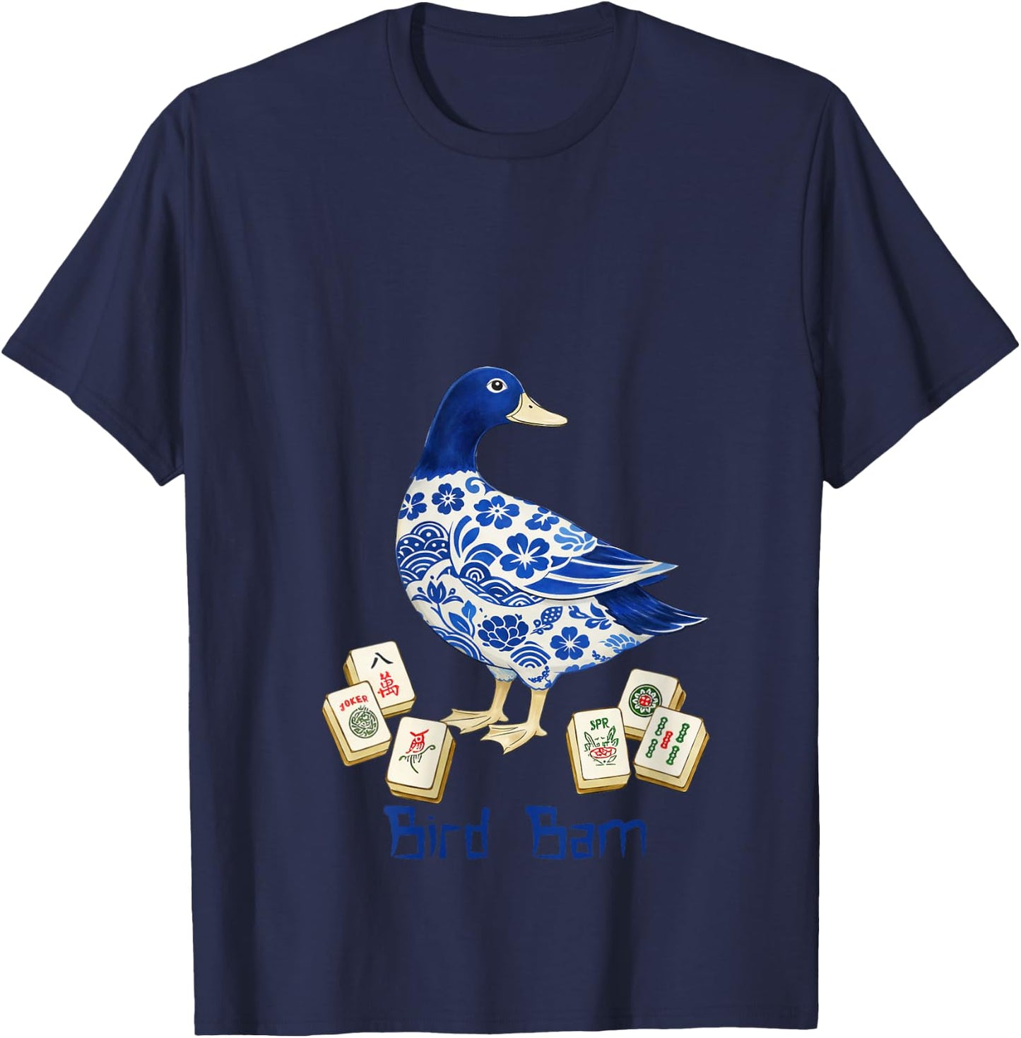 Women's Mahjong Lover Mahjong Player Mallard Duck Chinese Bird Bam V-Neck T-Shirt - T-Shirt | Navy