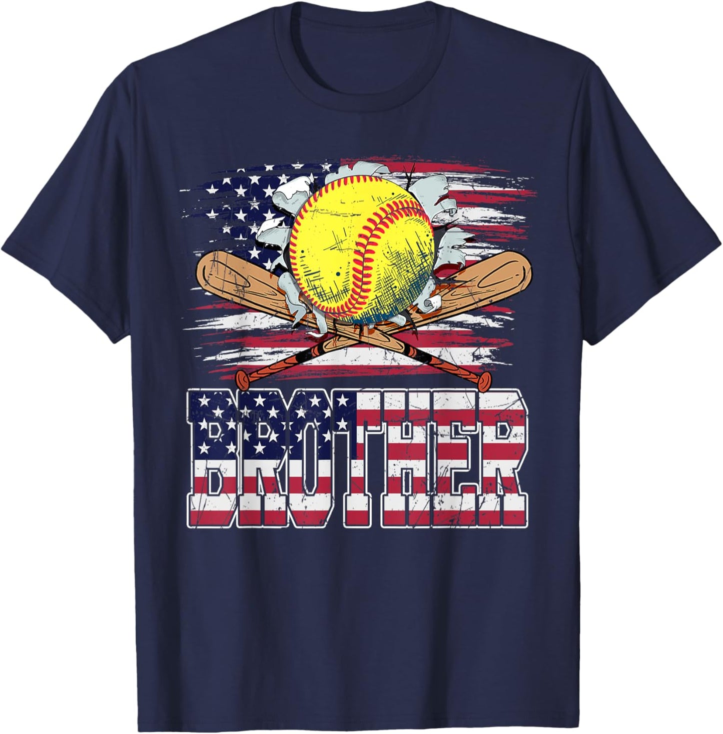 Softball Brother Vintage USA American Flag 4th Of July Women Kids Men T-Shirt - T-Shirt | Navy