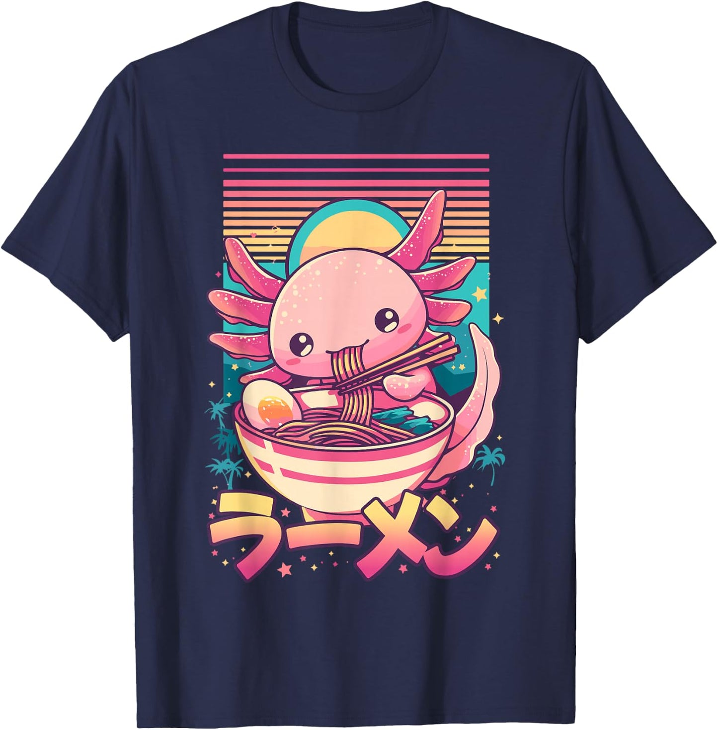Anime Axolotl Eating Ramen Retro Kawaii Axolotl Ramen T-Shirt - T-Shirt | Navy