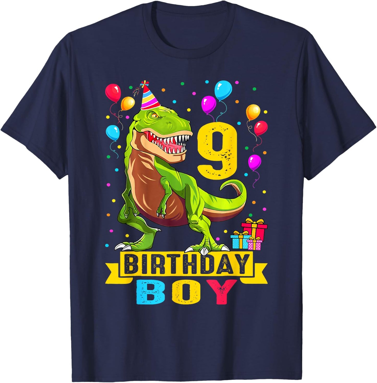 Kids 9 Year Old Shirt 9th Birthday Boy T Rex Dinosaur T-Shirt - T-Shirt | Navy